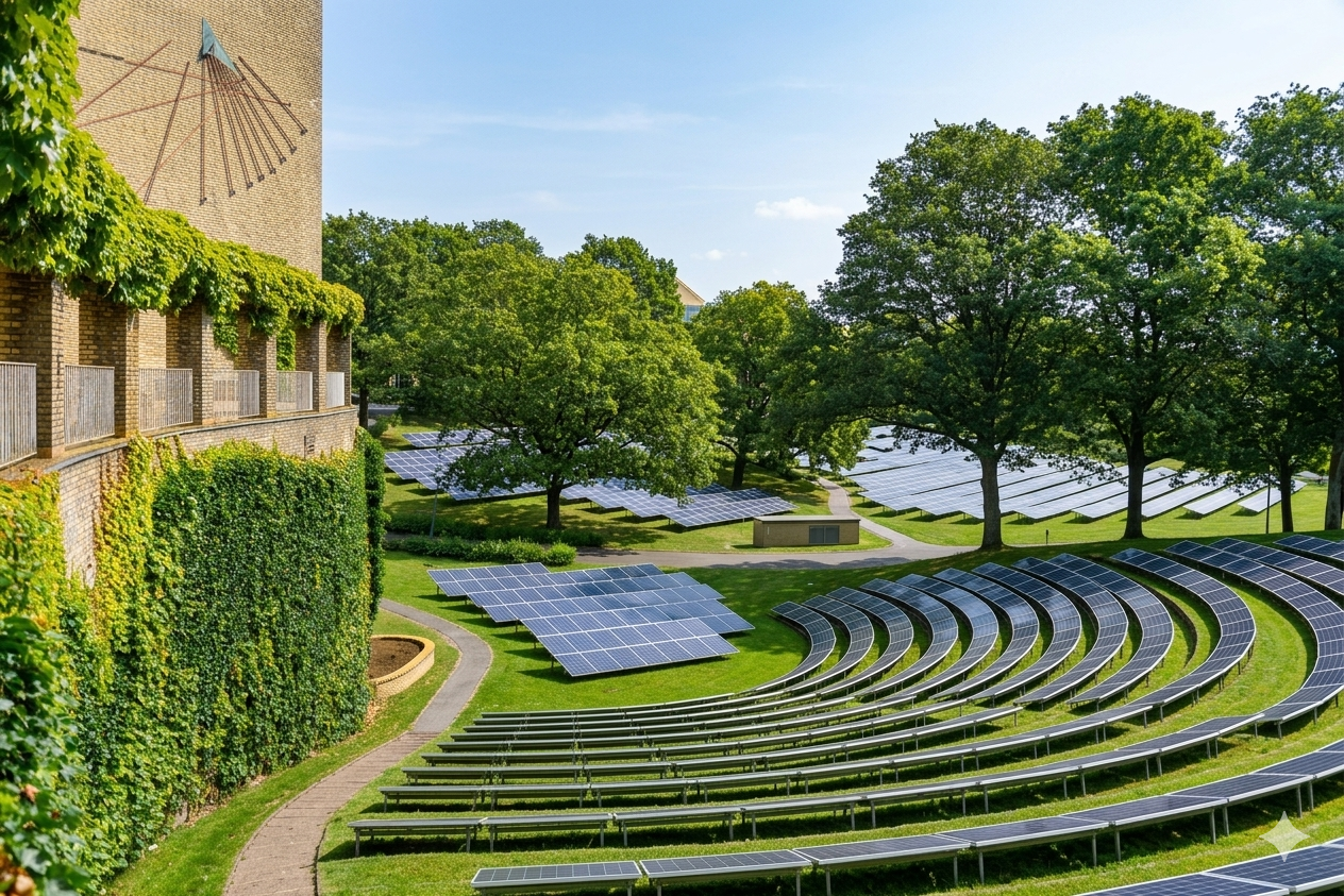 Solcelleanlæg på fællesplænen i Universitetsparken set fra Hovedbygningen